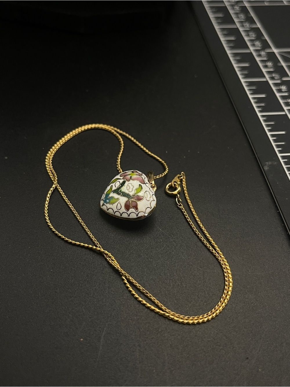 Vintage Cloisonne Puffy Heart Necklace Floral Enamel Signed SC 18” - Picture 4 of 16